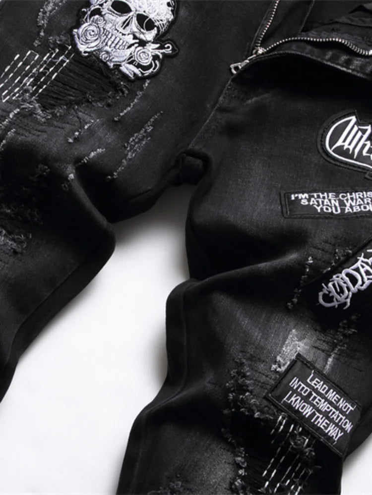 skull embroidery jeans ripped holes denim pants men zipper biker jeans streetwear slim fit y2k punk hip hop casual pants joggers unique joggers style 4158