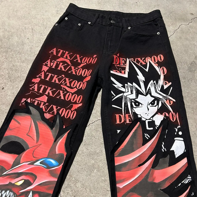 harajuku y2k baggy jeans the winged dragon of ra print wide leg denim pants popular anime jeans streetwear trouser men clothing unique jeans style 5706