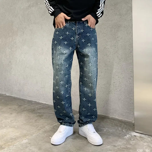autumn winter new trendy brand jacquard jeans men high street hiphop casual fashion loose denim jeans pants boyfriend trousers denim street jeans