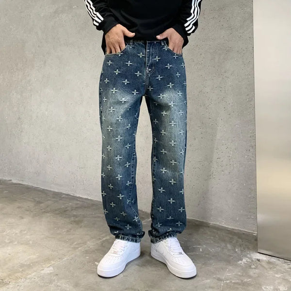 autumn winter new trendy brand jacquard jeans men high street hiphop casual fashion loose denim jeans pants boyfriend trousers denim street jeans