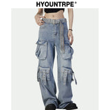 fashion loose streetwear cargo denim jeans unisex casual multi pocket straight jean pants with belt hip hop joggers baggy jeans streetwear sweatpants