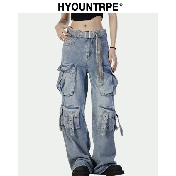 fashion loose streetwear cargo denim jeans unisex casual multi pocket straight jean pants with belt hip hop joggers baggy jeans streetwear sweatpants
