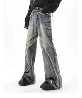 high street jeans mens spring autumn rough edge splicing design trendy denim pants multiple pockets punk cowboy flared trousers unique jeans style 418