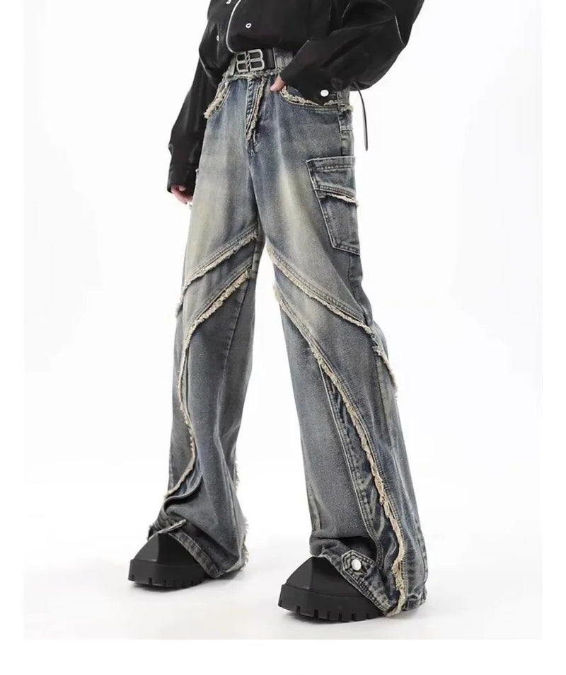 high street jeans mens spring autumn rough edge splicing design trendy denim pants multiple pockets punk cowboy flared trousers unique jeans style 418