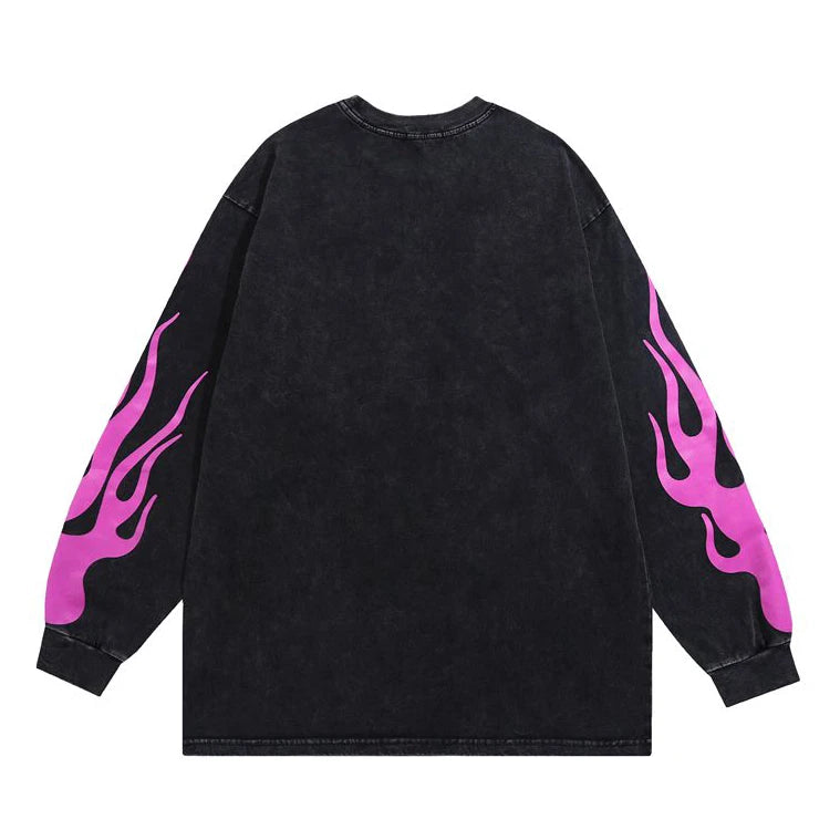 Cyberpunk Graphic Tee – Harajuku Skeleton Fire Printed Retro Distressed Washed T Shi – Urban Streetwear for Men & Women