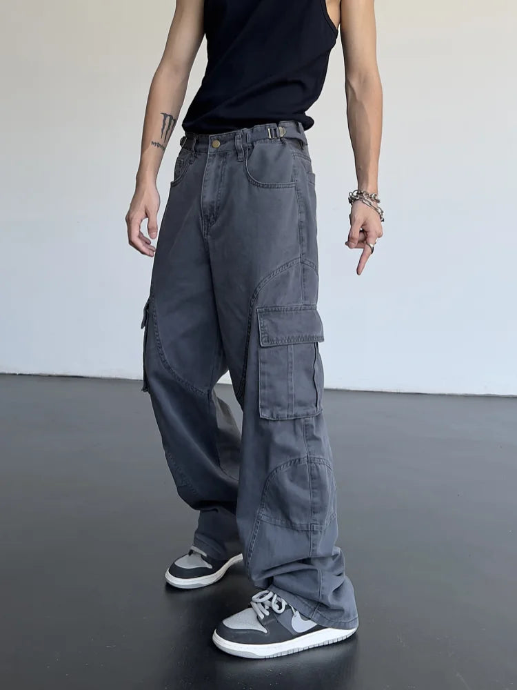 hip hip cargo pants harajuku adjustable waist with side pockets joggers streetwear unisex casual loose straight baggy trousers sporty tapered joggers