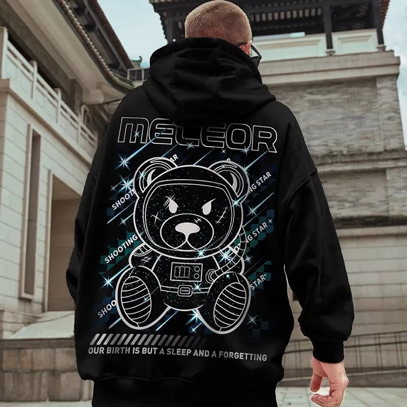 Meteor Bear Graphic Hoodies Oversized Men's Streetwear Hooded Sweatshirt