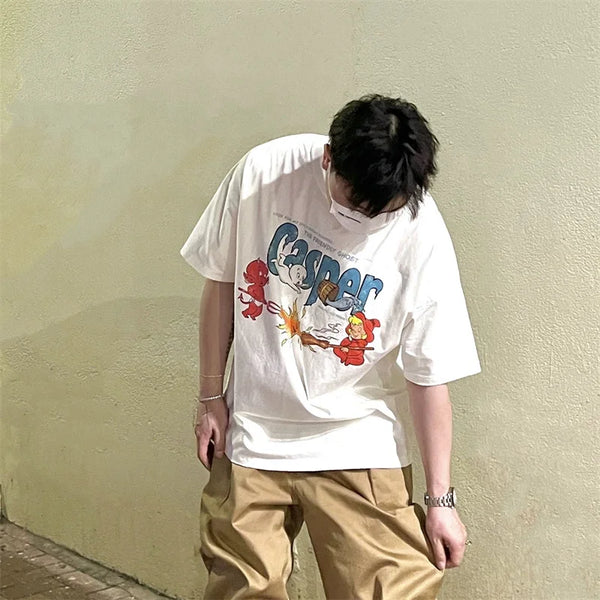 Skatercore Aesthetic print tee – Casper 2024 Summer Mens Short Sleeved High Quality Vintage T