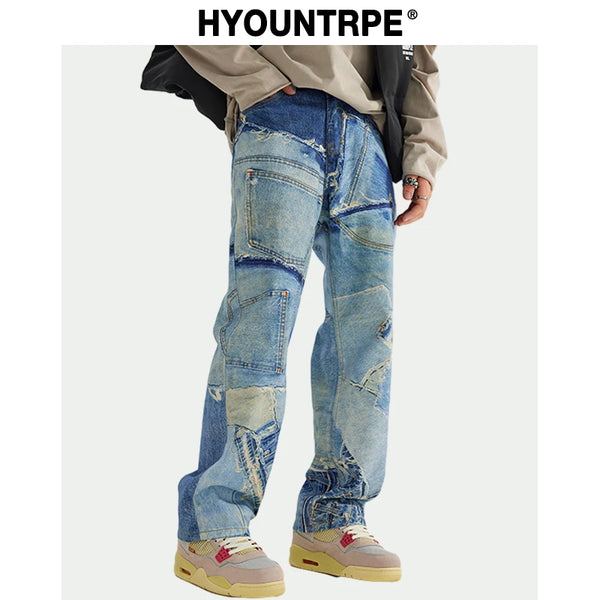 fashion fake patchwork printed denim jeans mens new casual zipper straight loose jeans streetwear hip hop baggy pants joggers sporty tapered joggers
