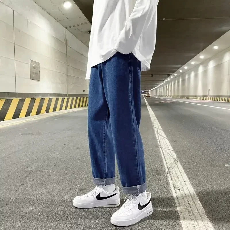 autumn korean fashion drawstring y2k jeans homme classic baggy straight wide leg pants 2025 new hip hop streetwear casual jean unique jeans style 700