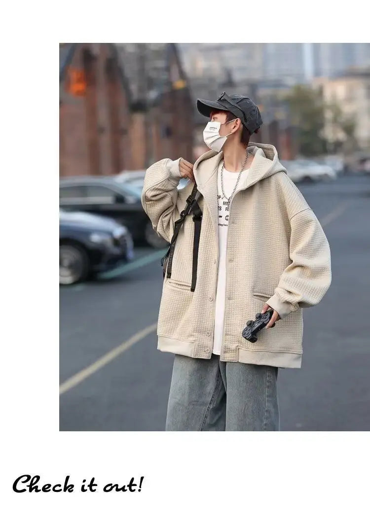 Korean Retro Y2K Waffle Hooded Jacket for Men and Women Ins Harajuku Style Casual Loose Couple Wear Cardigan Sweatshirt