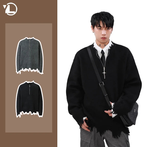 bold graphic pullover, layered streetwear look, soft knit pullover with flame design, y2k fashion statement