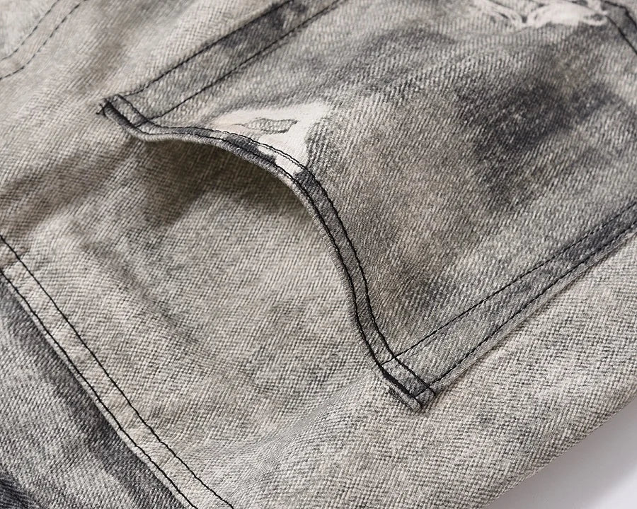 2023 european and american vintage digital printing jeans washed distressed straight denim pants mens streetwear y2k jean pants unique jeans style 5798