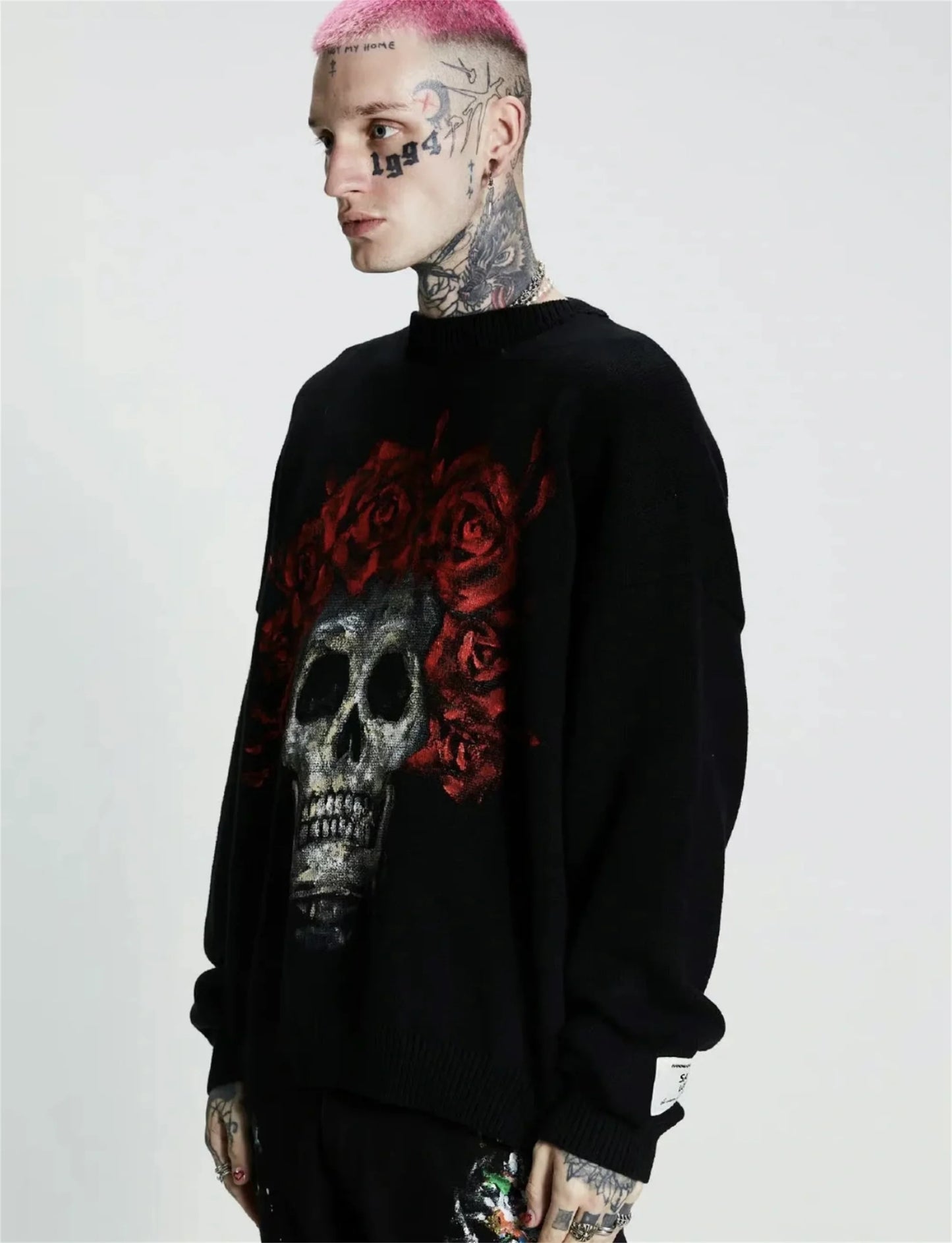 hip hop knitted pullover, bold design pullover, cozy fashion fit, stylish street outfit, modern aesthetic appeal