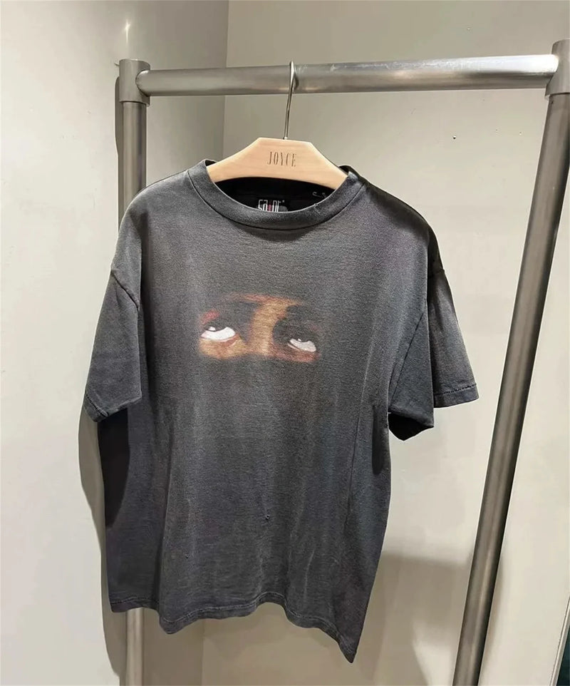 Summer Retro VINTAGE Eye Pattern Printed High-Street Wear Casual Loose Quality T-Shirt Tops For Men