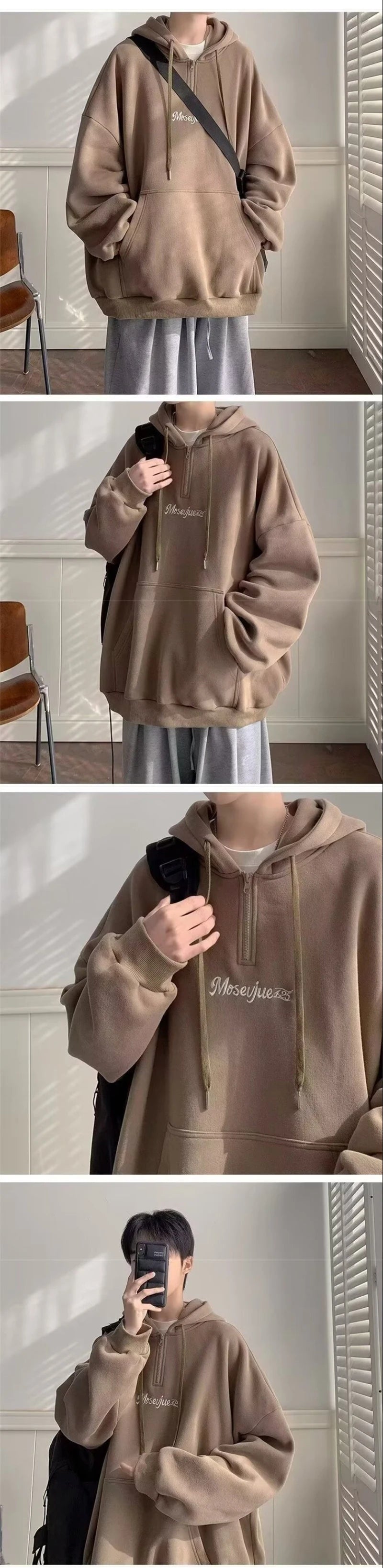 Autumn Letter Printed Half Zipper Hoodies For Men Y2K Streetwear Loose Hooded Sweatshirts New Vintage Fashion Pullover Hoody