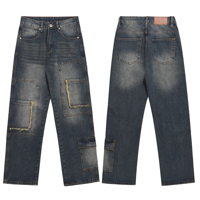 retro washed denim jeans destroyed ripped loose mens biker jeans side pocket fashion streetwear hip hop straight pants joggers unique joggers style 2202