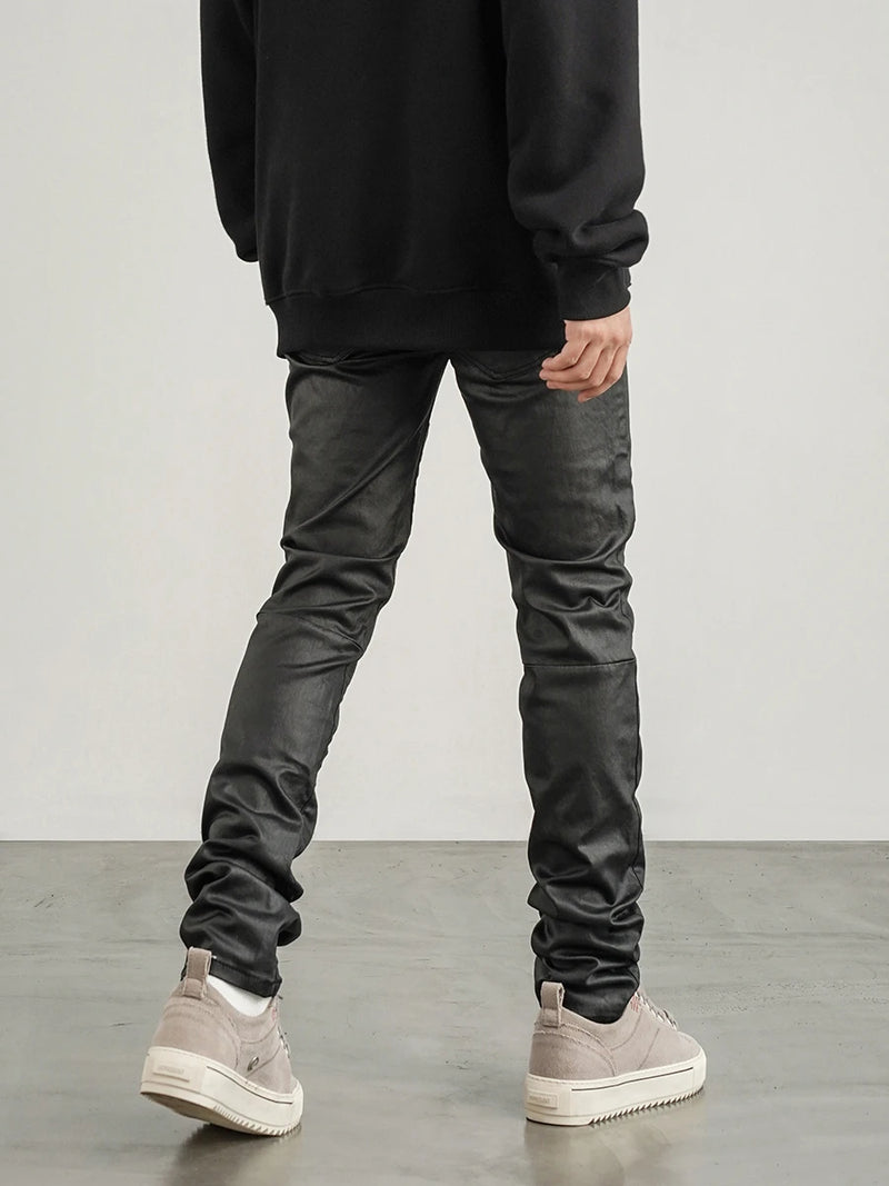 men pants high street wax coating pant casual streetwear hip hop zipper trousers harajuku fashion slim fit skinny pants joggers unique joggers style 2131