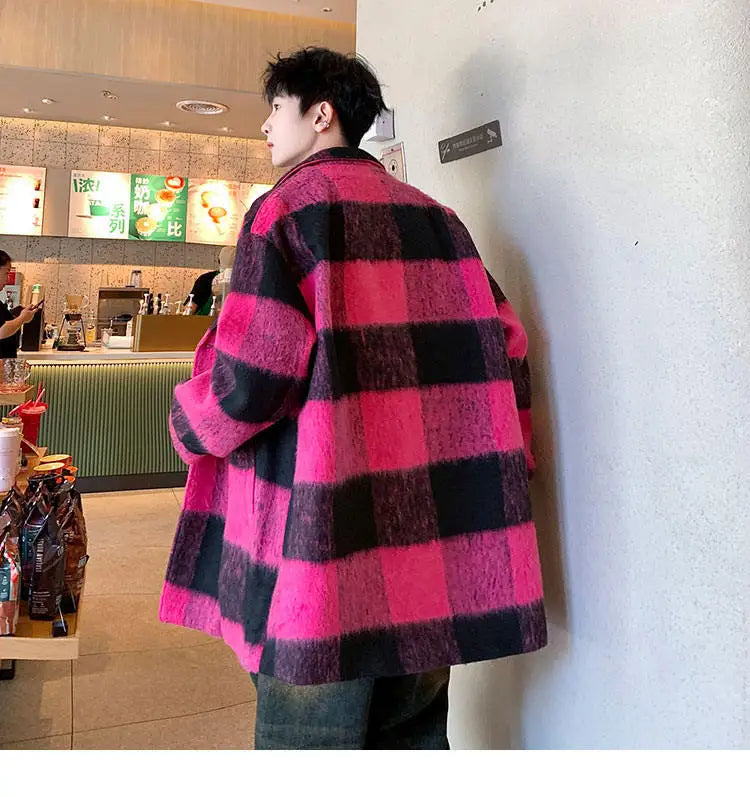 Plaid Woolen Trenchcoat Men Autumn Winter Fashion Retro Streetwear Suit Collar Loose Casual Trendy Trench Coat Outerwear