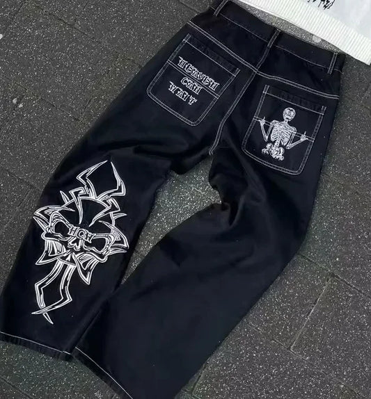 blue jeans for women y2k harajuku hip hop sakura embroidery retro patch heavy baggy jeans high waist wide leg trouser streetwear unique jeans style 822
