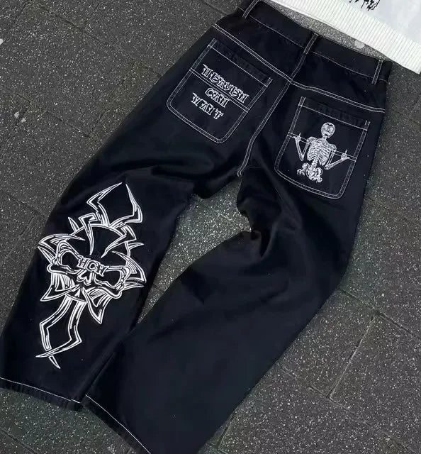 blue jeans for women y2k harajuku hip hop sakura embroidery retro patch heavy baggy jeans high waist wide leg trouser streetwear unique jeans style 822