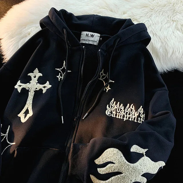 Gothic Embroidery Hoodies Women Retro Harajuku Hip Hop Jacket High Str