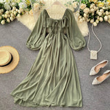 Chic Elegant Square Collar Maxi Dress Women Solid Chiffon Puff Sleeve Dresses 2023 Korean Fashion Vintage Ruffle Vestidos