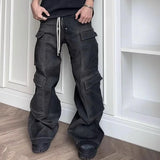 ro style ribbons wide leg multi pockets smoke grey baggy jeans for men straight pantalones hombre drawstring denim trousers stacked flare jeans