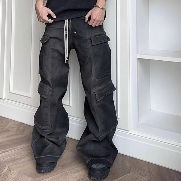 ro style ribbons wide leg multi pockets smoke grey baggy jeans for men straight pantalones hombre drawstring denim trousers stacked flare jeans