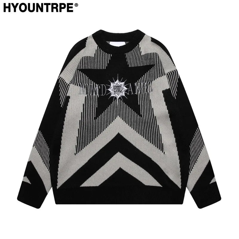 stars knitted sweater unisex harajuku letter embroidery sweater casual pink color pullover streetwear sweaters jumpers knitwear unique limited edition hoodie, aesthetic street look hoodie, trendy hip hop style outerwear