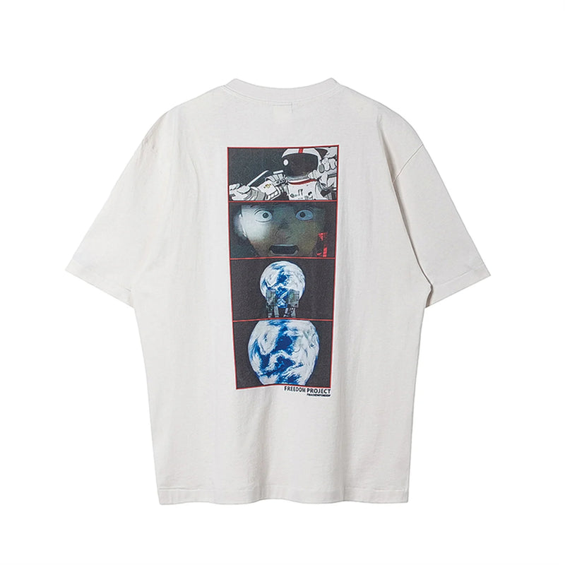 24ss Summer Retro Vintage Anime Print Spaceship High-Street Cotton Tops T-Shirt