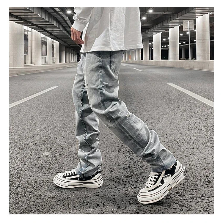 original tie dyed ripped flared denim jean for men streetwear washed hole casual stacked jeans pants mens slim fit jeans 2023 unique jeans style 3746