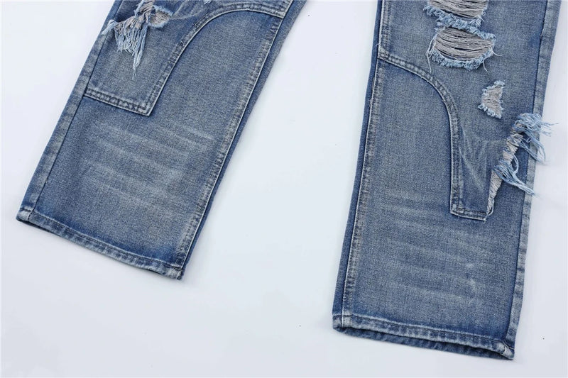 2024 ripped jeans high street straight trousers destroyed hole baggy denim pants vintage retro hip hop unique jeans style 418