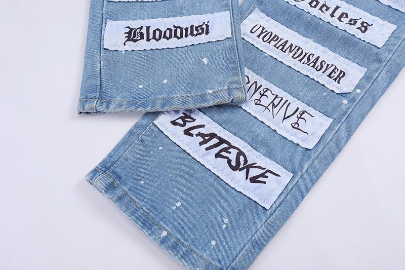 fashion skull graffiti patchwork denim jeans mens zipper jeans hip hop streetwear casual harajuku straight joggers jeans pants unique joggers style 1010
