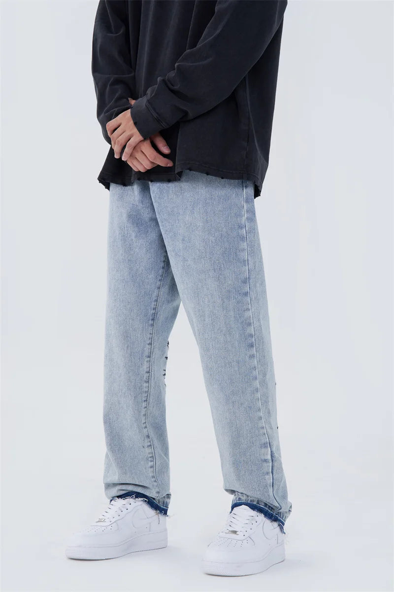 fashion back letters embroidery denim jeans mens casual zipper straight harajuku jean trouser hip hop streetwear pants joggers sporty tapered joggers