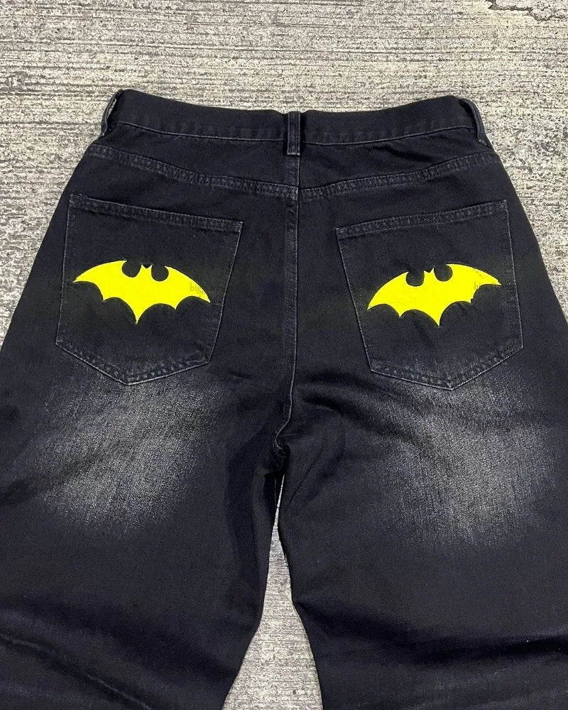 american style baggy oversized jeans y2k harajuku retro hip hop streetwear gothic bat pattern casual straight wide leg pants men vintage washed jeans