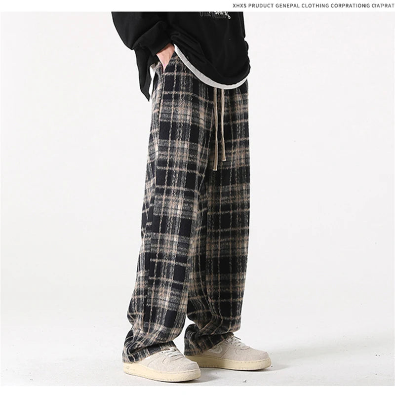 new mens y2k plaid casual baggy trousers autumn korean fashion straight woolen pants y2k vintage streetwear pantalones hombre unique default style 410