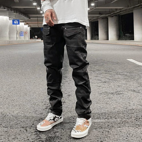 streetwear kanye slim fit feet coated black jeans pants for men pocket brushed wax tapered pants man casual cargo jeans y2k multi-pocket cargos