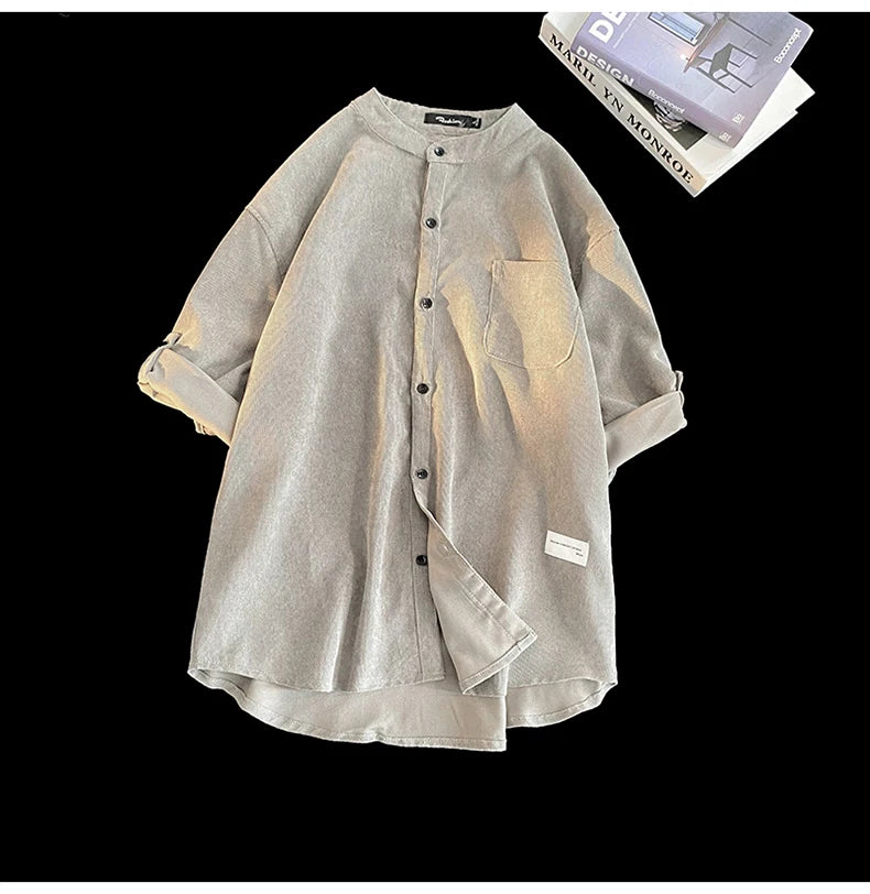 Men's Cardigan Japanese Style Solid Color Short Sleeve Shirts Turn-down Collar Casual Loose Blouses Spring Summer Male Clothing