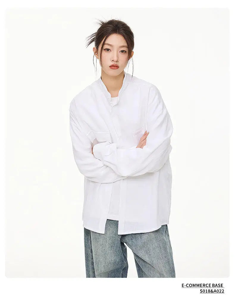 Men Loose Casual Streetwear Fashion Stand Collar Long Sleeve Black White Oversize Shirt Couple Plus Size Shirts Blouses