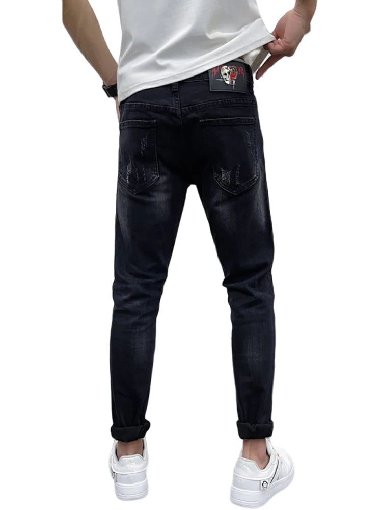 skull embroidery jeans ripped holes denim pants men zipper biker jeans streetwear slim fit y2k punk hip hop casual pants joggers urban active pants
