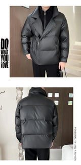 Winter Splice Collar Cotton-padded Leather Jacket Men Streetwear Fashion Loose Casual Thicken Warm Leather Parkas Coat Jacket