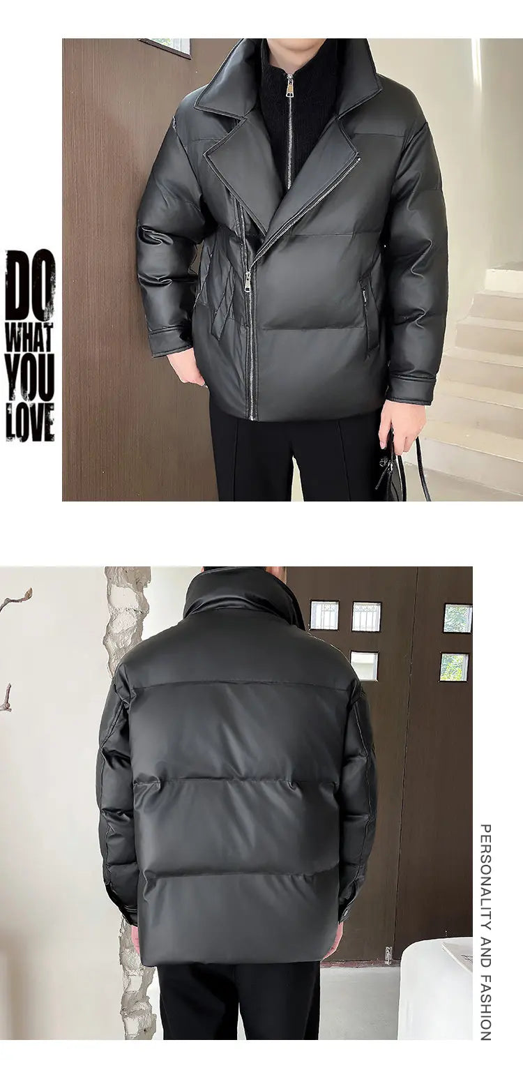 Winter Splice Collar Cotton-padded Leather Jacket Men Streetwear Fashion Loose Casual Thicken Warm Leather Parkas Coat Jacket