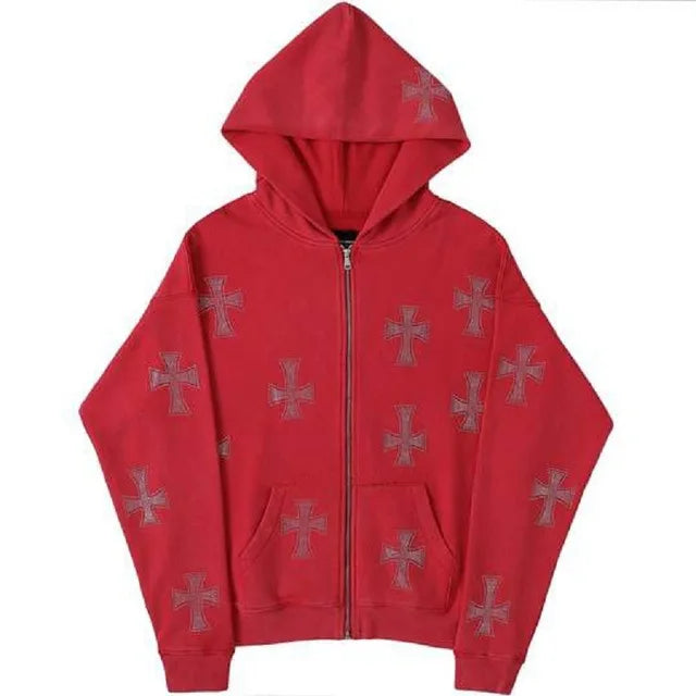 Men Women Cross Rhinestone Coat Leisure Hoodies Oversized Zip Up Hoodi