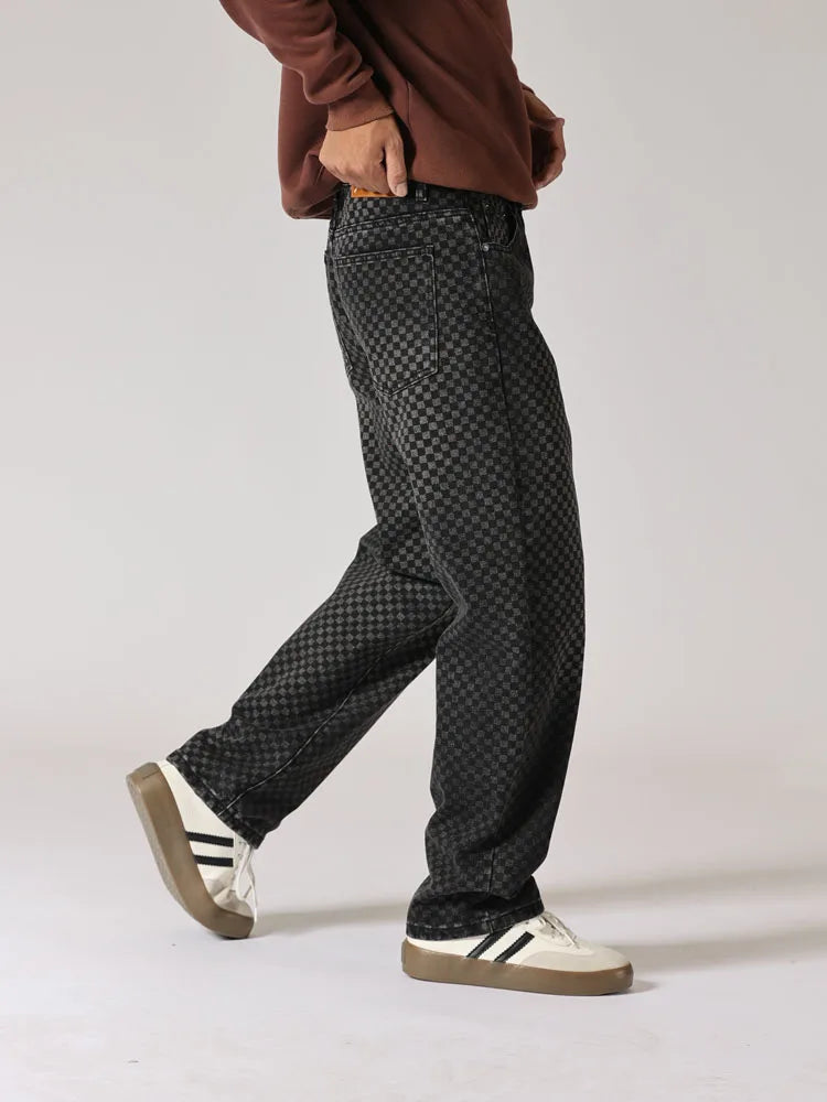 men streetwear fashion hip hop loose casual print black plaid denim pant jeans man vibe straight cowboy baggy jeans trousers unique jeans style 1566