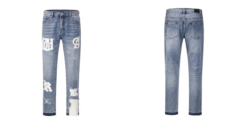 Frog drift Fashion Streetwear High Street REMAKE y2k Straight Stickers Blue Denim Jeans Trousers for men homme