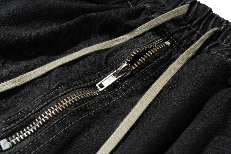 Men's and Women's High Street Vintage Splicing Cat Whisker Cargo Denim Shorts Zip Up Raw Edges Pockets Mens Jeans Shorts Ribbon