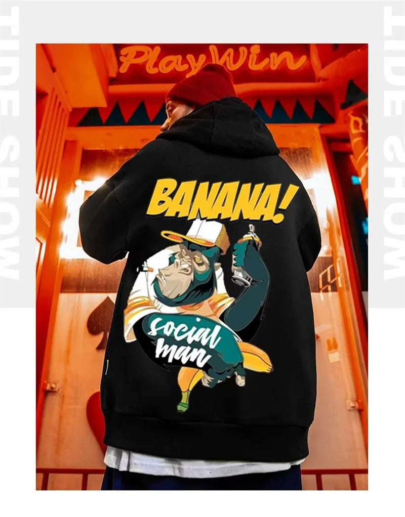 Cartoon Gorilla Banana Graphic Men's Hoodies Autumn Oversized Hip Hop Fashion Hooded Sweatshirt