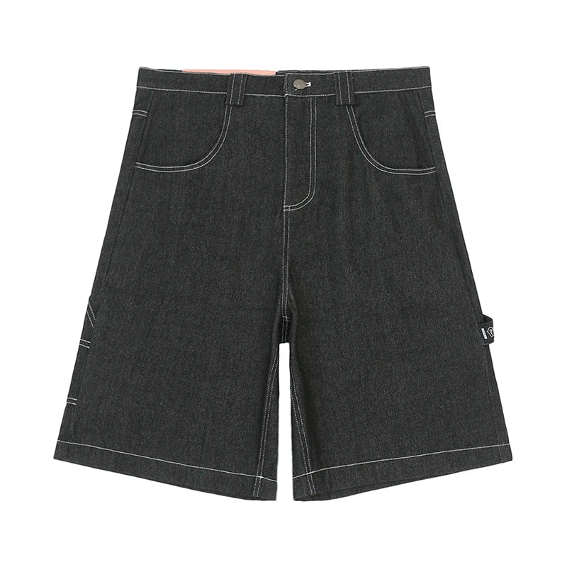 y2k streetwear multi pockets embroidery washed summer jeans shorts for men wide leg baggy casual denim over knee length pants vintage washed jeans
