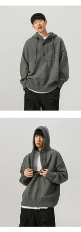 minimalist knit hoodie, photo-ready knit, unisex oversized techwear hoodie for men street style